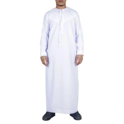 Image of Infinity Leather Men&#039;s White Thobe Emirati Islamic Jubba Robe Eid Tassel Slim Fit