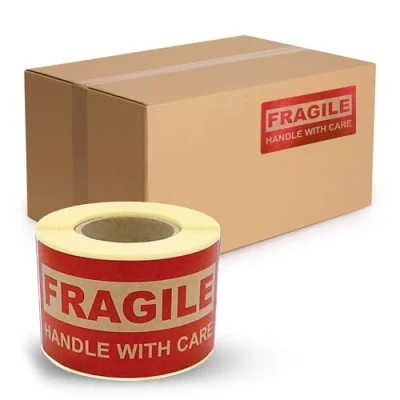 Image of MD Labels Kraft on Roll 100 x 50 mm 200 Fragile Handle with Care Shipping Instructions Adhesive Stickers