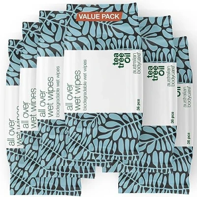 Image of Tea Tree Oil Wet Wipes 216 (6 Packs) Cleanser for Sweat, Dirt &amp; Makeup Refreshing, Moisturizing Cooling On the Go Hygiene Biodegradable