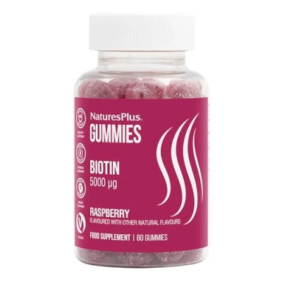 Image of NaturesPlus Gummies Biotin 5000 mcg Stronger Hair, Vibrant Skin, Brain, Metabolism, Immune, Energy Support Vegan, Gluten Free, Raspberry Flavour 60