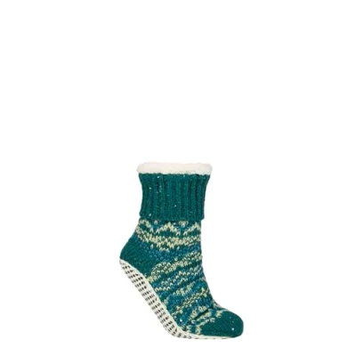Image of Elle Womens Moccasin Slipper Socks Thick, Chunky, Fair Isle, Striped, Patterned, Anti Slip Grips, Size 4 8 in a 1 Pair Pack Storm