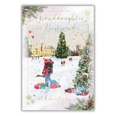 Image of ICG Granddaughter and Her Boyfriend Christmas Card, Single Cards with an Artistic Snowy Trees Festive Lights Design Special Finishes Xmas Envelope