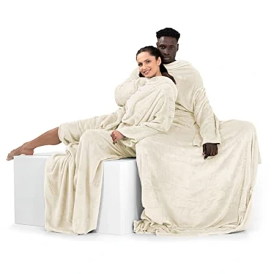 Image of DecoKing 150 x 180 cm, TV microfibre cuddly blanket with sleeves and pockets, soft fluffy fleece blanket, Microfibre, cream, cm