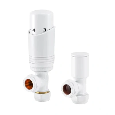 Image of Sandy Beach Central Heating TRV Radiator Valves Angled Valves, White Thermostatic Valve, Valve with Lockshield 15mm (Angled White)