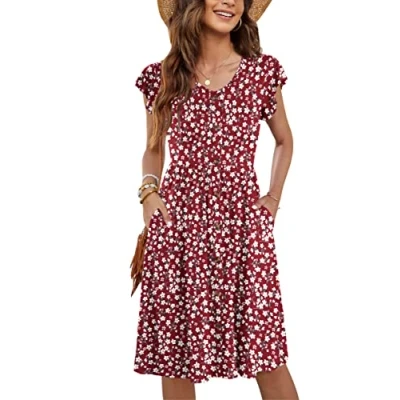 Image of MOLERANI Women Summer Dresses Ruffle Sleeve V Neck Casual Swing Elastic Waist Midi Dress with Pockets Floral Red XL