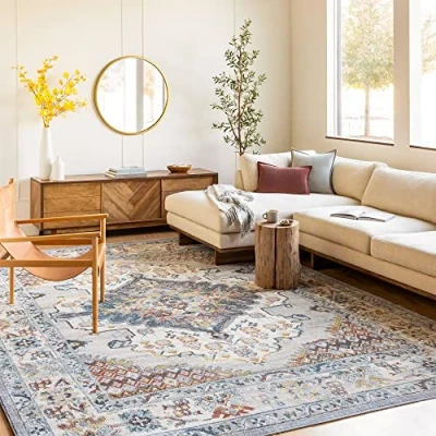 Image of Livabliss Casablanca Vintage Rug Area Rugs Living Room 200x274 cm, Dining Floor, Kitchen, Traditional Multicoloured Boho Rug, Easy Care Pile, Bohemian Large Taupe, Blue and Grey