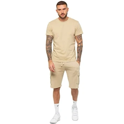 Image of 989Zé ENZO Mens Tracksuit Hooded Fleece Sweatshirt Overhead Hoodie Pullover Casual Cargo Combat Joggers Sweatpants Set EZHD600 &amp; EZJGC599 STONE XL