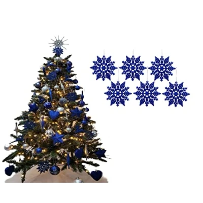 Image of Simply Products Pack of 6 10cm Glitter Hanging Decoration, Snowflakes Christmas Tree Decorations (Royal Blue)