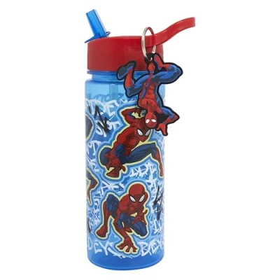Image of Marvel Spiderman 500ml Kids Water Bottles with Straw by Polar Gear Gifts Back to School Supplies Boys Bottle Keyring Charm