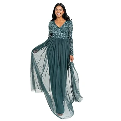 Image of Maya Deluxe Women&#039;s Ladies Dress Sleeve for Wedding Guest V Neck High Empire Waist Maxi Long Length Evening Bridesmaid Prom, Emerald Green, 10