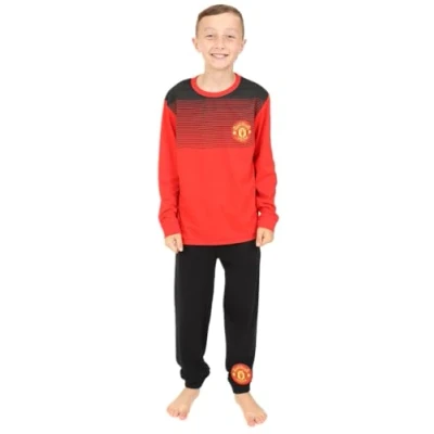 Image of Manchester United Boys Football Club Long Pyjamas Cotton Red Black (14 15 Years)