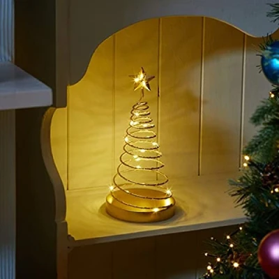 Image of Marco Paul Christmas Gold Tree Ornament Indoor LED Festive Décor Spiral Pre Lit Xmas Decoration Battery Operated Table Centrepiece Light Up