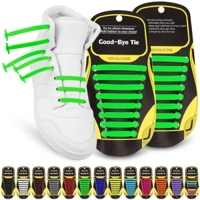 Image of SULPO Silicone SHOELACE No Tying 2 Green Rubber Laces for All Shoes Children &amp; Adults