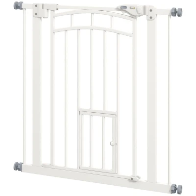 Image of PawHut Stair Gate Dog Pet Barrier Pressure Fit Safety with Small Cat Door, Auto Closing System, Double Locking, Hallways, 74 80Wcm Openings White
