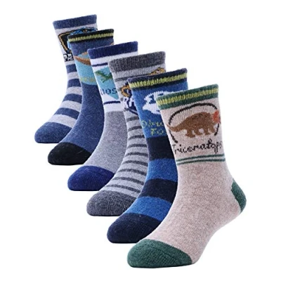 Image of ANTSANG Kids Merino Wool Walking Socks for Toddlers Boys Girls Winter Hiking Thick Warm Heavy Thermal Cosy Crew Boot Cabin Gift 6 Pairs(Dinosaur Striped A,4 7 Y)