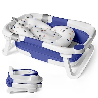 Image of Collapsible Baby Bath Foldable Tub Bathtub Newborn with Seat Support Cushion Stand Folding Baths for Toddler 0 6 12 24 Months Foam Pillow Travel Portable Infant Tubs Soft Bathing Insert Pad Kids Blue