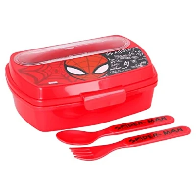 Image of OM SUPPLIES Spiderman Cartoon Characters Children Lunch Sandwich Box Container with Plastic Spoon and Fork, Great for School or Picnic (Spiderman)