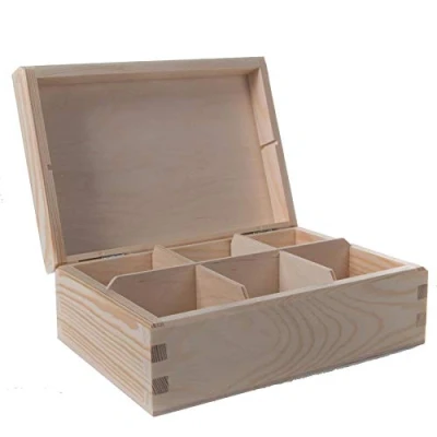 Image of Wooden Decorative Box with 6 Compartments 22 x 16.5 8 cm Accessories Storage Case Tea Bag Sewing Jewellery Caddy Organiser Divided Sections Natural Unpainted &amp; Untreated Wood for Craft