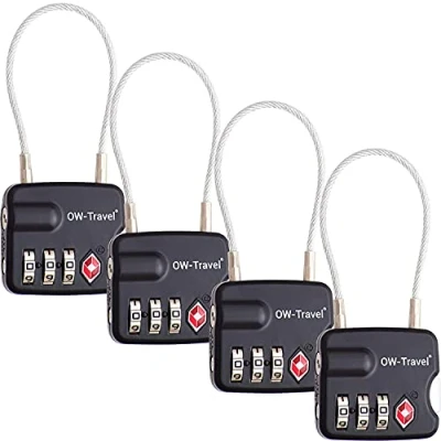 Image of New TSA Approved Luggage Locks (4 Pack) OW Travel 3 Digit Heavy Duty Zinc Alloy Security Cable Padlock, Combination Padlocks, Code Lock for Suitcase, Zipper, Luggage, Bag, Case, Gym Locker (Black)