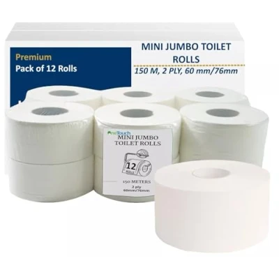 Image of Mini Jumbo Toilet Rolls, 2ply Soft Commercial Rolls Pack of 12, Paper 150M 2&quot; &amp; 3&quot; Core (60mm Core)
