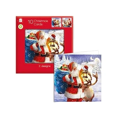 Image of Giftmaker Pack 10 Square Christmas Cards Family Friends 2 Designs Traditional Santa