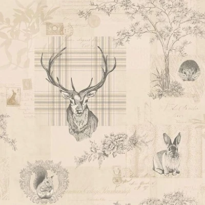 Image of Animal Print Wallpaper Woodland Stag Rabbit Trees Flowers Linen Charcoal