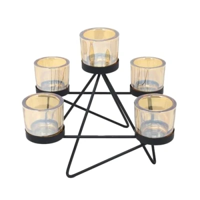 Image of UNIQUE Home LIVING Tea Light Candle Holder, 5pcs Amber Glass Tealight Holder with Metal Stand, Votive Set for Wedding Party Halloween Table Centerpiece Decor