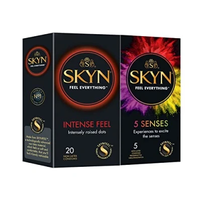 Image of SKYN Intense Feel Condoms Pack of 20 &amp; 5 Senses / Skynfeel Latex Free for Men, Regular Size Condoms, Raised Dots, Cocktail Flavoured, Ultra Thin, Warming, Cooling