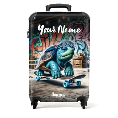 Image of NoBoringSuitcases.com® Children&#039;s Luggage Kids Suitcase for Boys Personalised Lightweight Cabin on Wheels Green Blue Turtle Skateboard 55x40x20cm Hard Shell Trolley 20&quot; 10kg