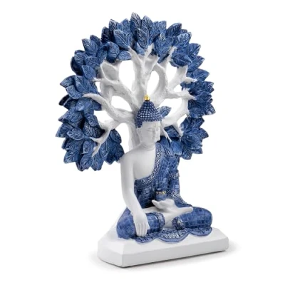 Image of Puckator White &amp; Blue Thai Buddha Tree of Life Cute Room Decor Aesthetic Feng Shui Meditation Accessories Garden Ornaments Shelf Desk Decorations Mindfulness Home Gifts Statues
