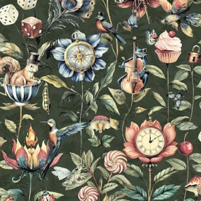 Image of Curious Creatures Eclectic Hand Drawn Style Animals and Objects Wallpaper Perfect for Restrooms, Feature Walls, Hallways in Emeral Green Holden 13921