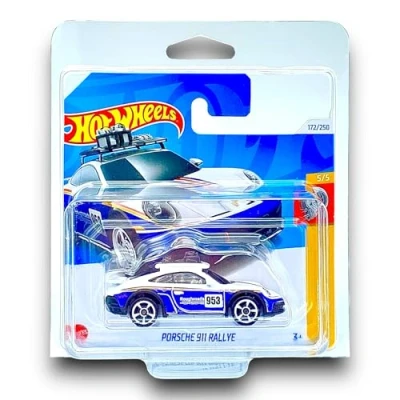 Image of Hot Wheels Porsche 911 Rallye (White &amp; Blue) 5/5 HW Turbo 2024 172/250 (Short Card) includes a KLAS Car Keeper Protector Case HRY70