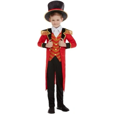 Image of Smiffys Deluxe Ringmaster Costume, Red with Jacket, Mock Shirt, Trousers &amp; Hat, Boys Fancy Dress, Child Dress Up Costumes
