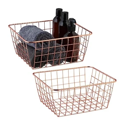 Image of Relaxdays Storage Basket, 2X Set, Organiser, Wire, Metal, Cube, HxWxD: 12 x 27.5 22.5 cm, Office, Kitchen, Rose Gold