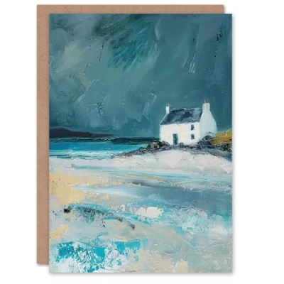 Image of Artery8 White Scottish Cottage Coastal Hills Oil Painting Greeting Birthday Card Him Her All Blank