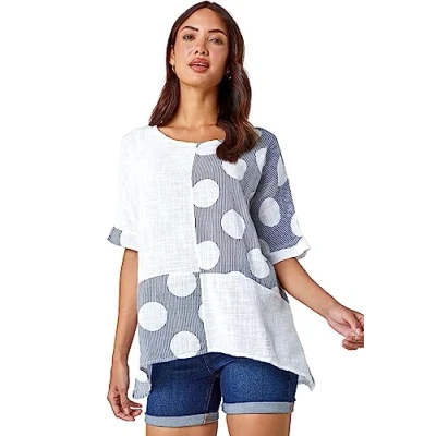 Image of Roman Originals Spot Print Oversized Cotton Tee for Women UK Ladies Everyday Holiday Spring Summer Round Neckline Comfy Soft Evening Vacation Work Party Ivory Size L