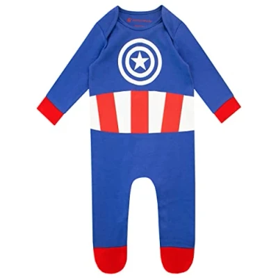 Image of Marvel Unisex Newborn Baby Boys Avengers Captain America Footed Sleepsuit Blue 9 12 Months