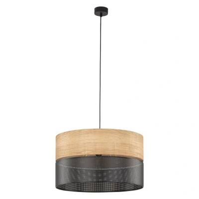 Image of TK Lighting Nicol hanging light, black/wood effect, Ø 50 cm, 1 bulb, 3 x E27
