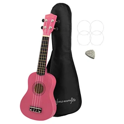 Image of World Rhythm Soprano Ukulele Beginner Uke in Pink Finish with Gig Bag, Spare Strings &amp; Felt Pick
