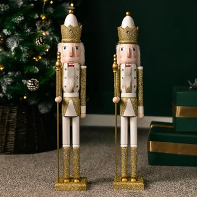 Image of Marco Paul Pair of 70cm Golden Nutcracker Soldier Statue Hand painted Christmas Decor 2x Ornaments For Decorations Indoor Xmas Large Wooden Toy