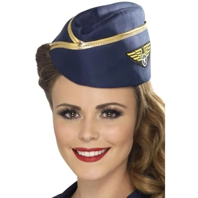 Image of Smiffys Air Hostess Hat, Blue with Gold Rim, Icons &amp; Idols Fancy Dress, Heros Dress Up Hats