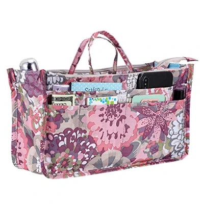 Image of IGNPION Printed Insert Handbag Purse Organiser 13 Pockets Expandable Liner Bag Pouch Zipper Closure Tote Diaper with Handle (29x 16x 9cm) (Peony)