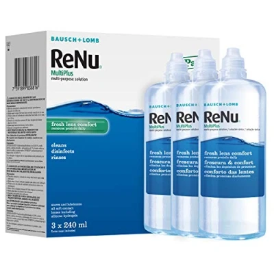 Image of ReNu MultiPlus Multi Purpose Contact Lens Solution, 3 x 240ml, For Soft Lenses, Moisturise, Remove Protein, Clean, Disinfect, Lubricate, Rinse and Store your Case Included