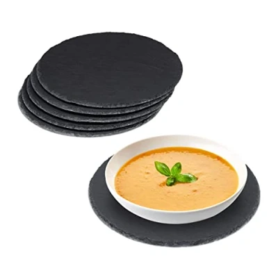 Image of Relaxdays Slate Plates, Set of 6, Round Serving Platters, 25 cm Diameter, Cheese Board, Snacks, Sushi &amp; Desserts, Grey