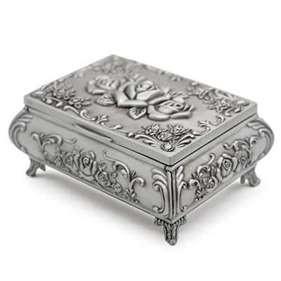 Image of AVESON Rectangle Vintage Metal Jewelry Box Trinket Storage Organizer Gift Chest Ring Case with Rose Pattern for Girls Ladies Women, Large