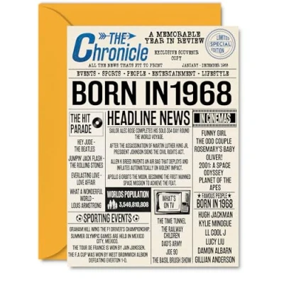 Image of 56th Birthday Cards for Women Men Born In 1968 Newspaper Happy 56 Card Dad Mum Aunt Uncle Vintage Retro Back 1968, A5 Fifty Six Sixth Bday Greeting