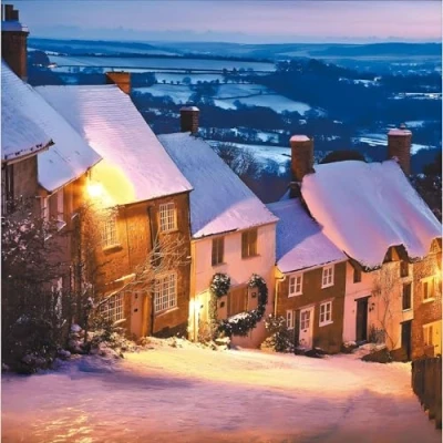Image of General Christmas Card For Him/Her Gold Hill, Shaftesbury Snowy Sunset Cottages Festive Photographic Design Made in the UK Eco Friendly