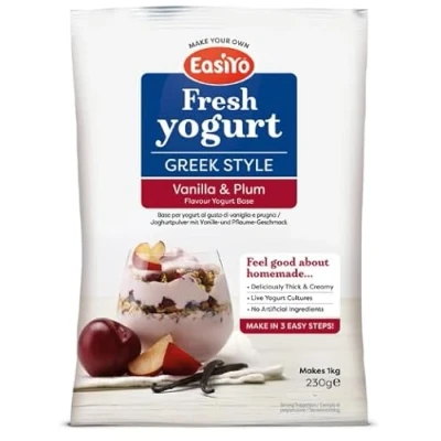 Image of EasiYo Greek Style Vanilla &amp; Plum Flavoured Yogurt Mix Sachet 230g For Use With Makers