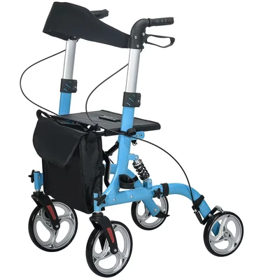 Image of HOMCOM 4 Wheel Rollator with Seat and Back, Lightweight Folding Mobility Walker Large Wheels, Carry Bag, Adjustable Height, Aluminium Walking Frame Dual Brakes for Seniors, Blue