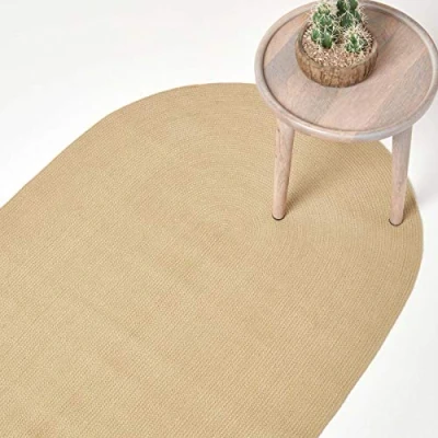 Image of HOMESCAPES Linen Handmade Braided Oval Rug For Bedroom &amp; Living Room Reversible Woven Cotton Small Rug, 60 x 90 cm